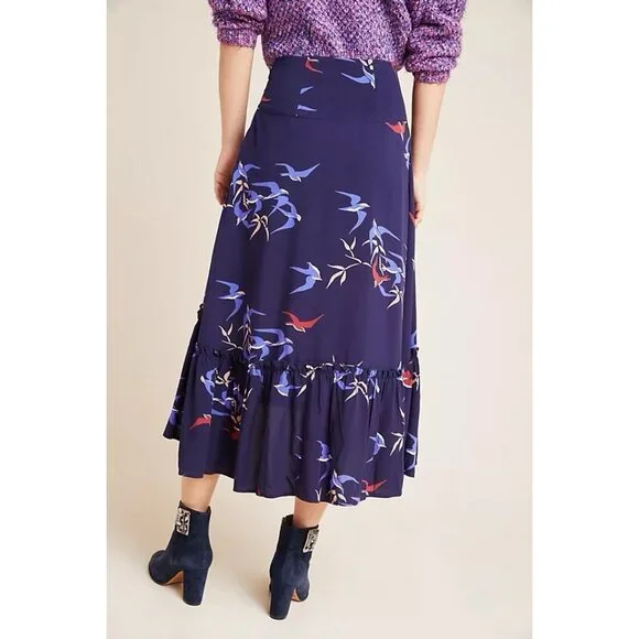 Anthropologie Maeve Women’s Midi Skirt Size 4 Merida Birds Graphic Flounced Blue - Picture 2 of 16